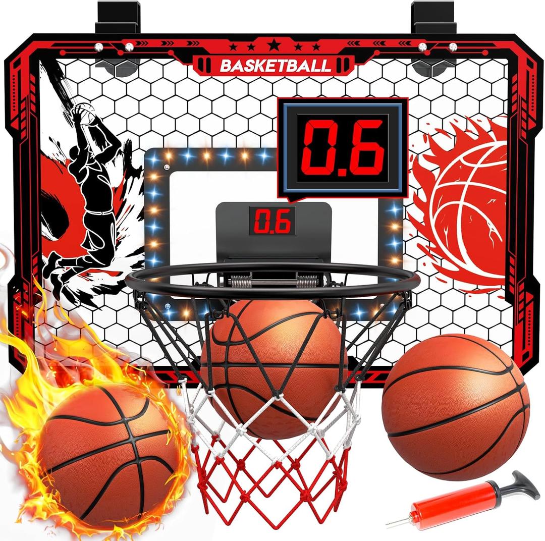 OZMI Over The Door Basketball Hoop Indoor for Kids, Mini Basketball Hoop with Balls LightsSound LED Scoreboard2 ModesDoor Hanging Bedroom Toys Gifts for 3-5 6 7 8 9 10 11 12-14 15 Year Old Boys