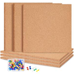 6 Pack Self-Adhesive Square Cork Boards for Wall with 100 Push Pins for Bulletin Boards Cork Wall Home School Office Decorative12"x12"x1/4"