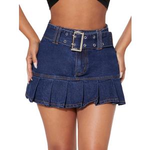 WDIRARA Women's Petite High Waisted Pleated A Line Belted Ruffle Y2k Denim Mini Skirt, Size XS 