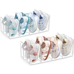 HBlife Clear Acrylic Kids Shoe Rack for Closet Organizers and Storage, Small Shoe Rack 4 Sections Toddler Baby Shoe Storage Organizer Stackable Shoe Shelf,Desk File Sorter Book Purse Organizer(2 Pack)