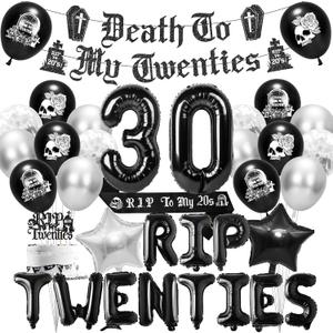 Death to My 20s Decorations, Rip to My 20s Birthday Decorations Party Supplies Set with Banner Sash Cake Topper Balloons, 30th Birthday Gothic Theme Party Decor for Women Men