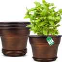 Plant Planters Pots Set of 4 Pack 11 Inch, Plastic Flower Pot For Indoor Plants With Drainage Holes & Trays, Resin Decorative Container Sets With Saucer For House Outdoor Garden Planters Copper