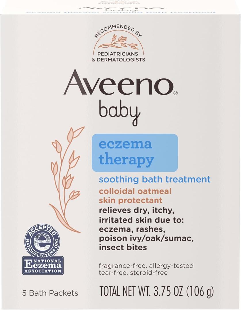 Aveeno Baby Eczema Therapy Soothing Bath Treatment for Relief of Dry, Itchy & Irritated Skin, Made with Natural Colloidal Oatmeal, Fragrance-, Paraben-, Steroid- & Tear-Free, 5 ct