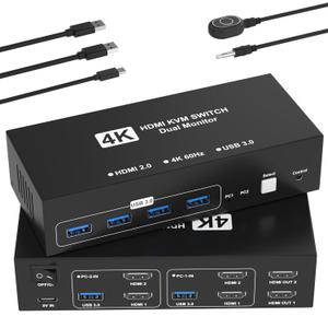 HDMI KVM Switch 2 Monitors 2 Computers, 4K@60Hz Dual Monitor KVM Switches USB Switch with 4 USB 3.0 Ports Sharing Keyboard Mouse Printer, Computer Switch Monitor Switch for 2 Computers with Controller