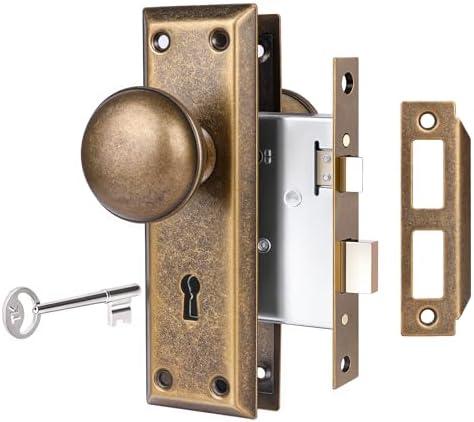 Mortise Lock Set for Interior Door, Vintage Door Knobs with Lock and Skeleton Key, Antique Brass Door Knobs for Old Style Doors