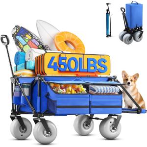 Beach Wagon with Big Wheels for Sand,260L Extra Large Beach Cart with 9" All-Terrain Balloon Wheels, Heavy Duty Folding Wagon, Adjustable Handle,450lb Capacity for Outdoors & Fishing