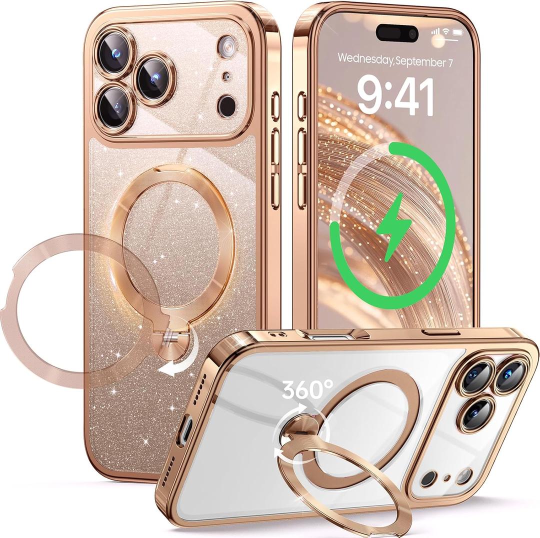 360 Spin CD Stand for iPhone 17 Pro Case Compatible with Magsafe Ring [Never Yellow][DIY Glitter Cardstock] Camera Protection Plating Clear Cute Phone Case for Women Girls 6.3'', Desert Titanium
