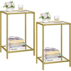 Side Tables Set of 2, End Tables with Tempered Glass, 2-Tier Nightstands with Storage Shelves, Coffee Table with Modern Style, Slim Sofa Table for Living Room, Bedroom, 11.8" D x 15" W, Golden