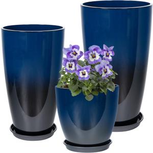 Neoaider 24/21/12 Inch Large Plastic Planter, Lightweight Ceramic-Look Tall Planters with Drain Hole & Saucers, Tall Plastic Planters for Porch, Garden, Patio, Balcony(Dark Blue)