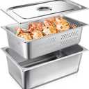 Ferraycle Pack of 3 Full Size 6 Inch, 8 Inch Hotel Pan with Lid Perforated Steam Table Pan Restaurant Supplies for Kitchen, Steam Table Tray for Food Warmer