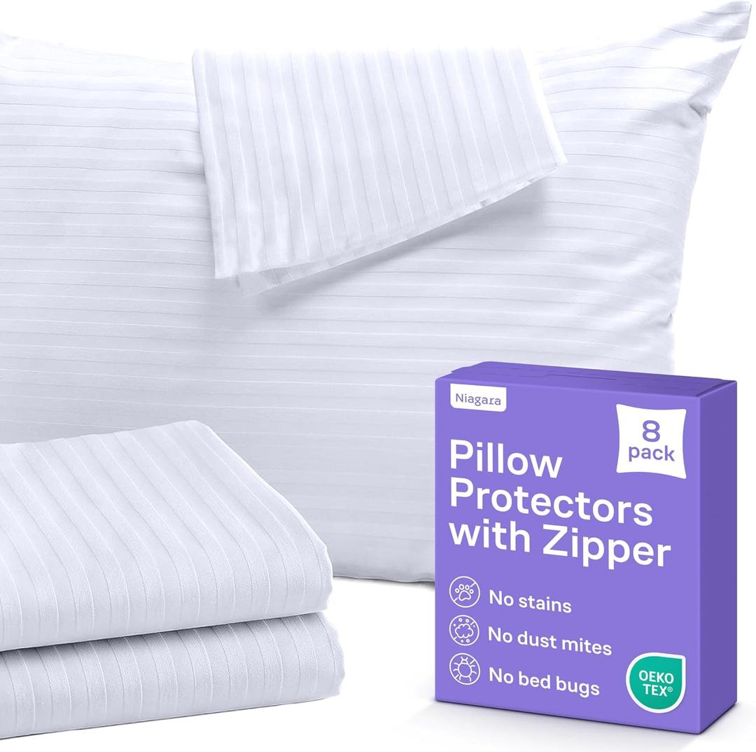 Set of 8 Pillow Protectors with Zipper King Size - 100% Resistant to Stains, Dust & Dirt - Washable Covers for Increased Pillow Lifespan