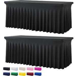 2 Pack Black Spandex Table Covers for 6 Foot Rectangle Tables, Wrinkle Free Fitted Tablecloths 6ft Stretch Table Clothes with Skirt for Parties Weddings Birthday Banquet Baby Shower
