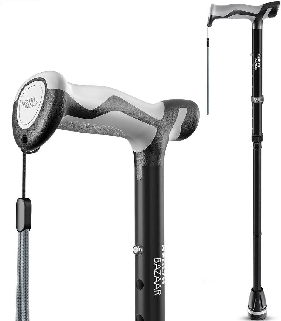 Walking Cane for Men & Women, Foldable Cane with Shock Absorption - Adjustable, Lightweight Collapsible Walking Stick for Seniors & Adults, Comfort Grip Handle, Heavy Duty All Terrain Tip (Black)