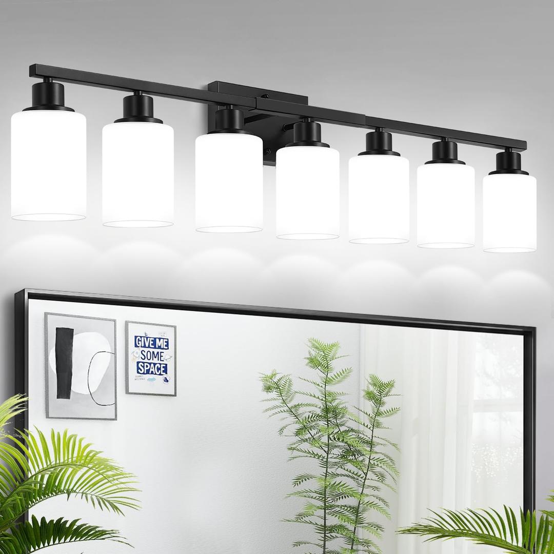 MOKATNG 7-Light Bathroom Light Fixtures, Vanity Light with Milky White Shades, Matte Black Bathroom Light Fixtures Over Mirror, Modern Bathroom Wall Lamp for Mirror Living Room Cabinet Bedroom