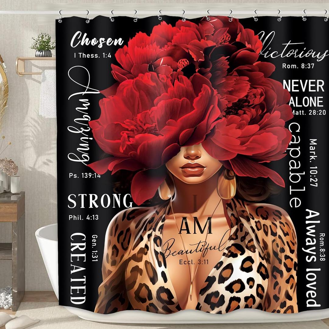 MESHELLY Red Rose Leopard Shower Curtain 60Wx72H Black Girl Peony Floral Black Women Positive Quote Fabric Afro Lady Fashion African American Bathroom Decor With 12 Hooks