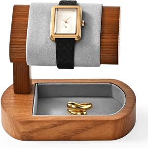 Solid Wood Watch Stand Display Watch Ring Earrings Stand for Men and Women Jewelry Bracelet Wristwatch Organizer for Store and Home(Single) (Single-Flat Tray)