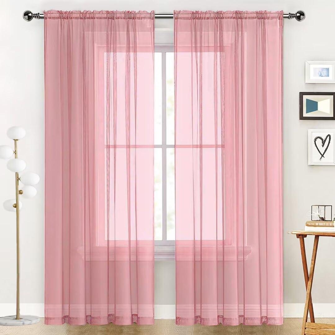 SpaceDresser Sheer Voile Window Treatment Rod Pocket Curtain Panels for Kitchen Bedroom Living Room Drapes Sunlight Filtering Privacy Semi Home Decor Assorted Colors Sizes (Blush, 52 W x 96 L)