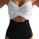 Eomenie Women's One Piece Swimsuits Tummy Control Cutout High Waisted Bathing Suit Wrap Tie Back 1 Piece Swimsuit Black Striped, Size M
