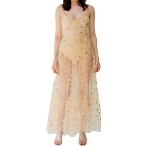 Women's See Through Tulle Maxi Dress Shiny Sequined Stars Spaghetti Strap Cover Up Dresses Festival Outfit (Large, Gold)
