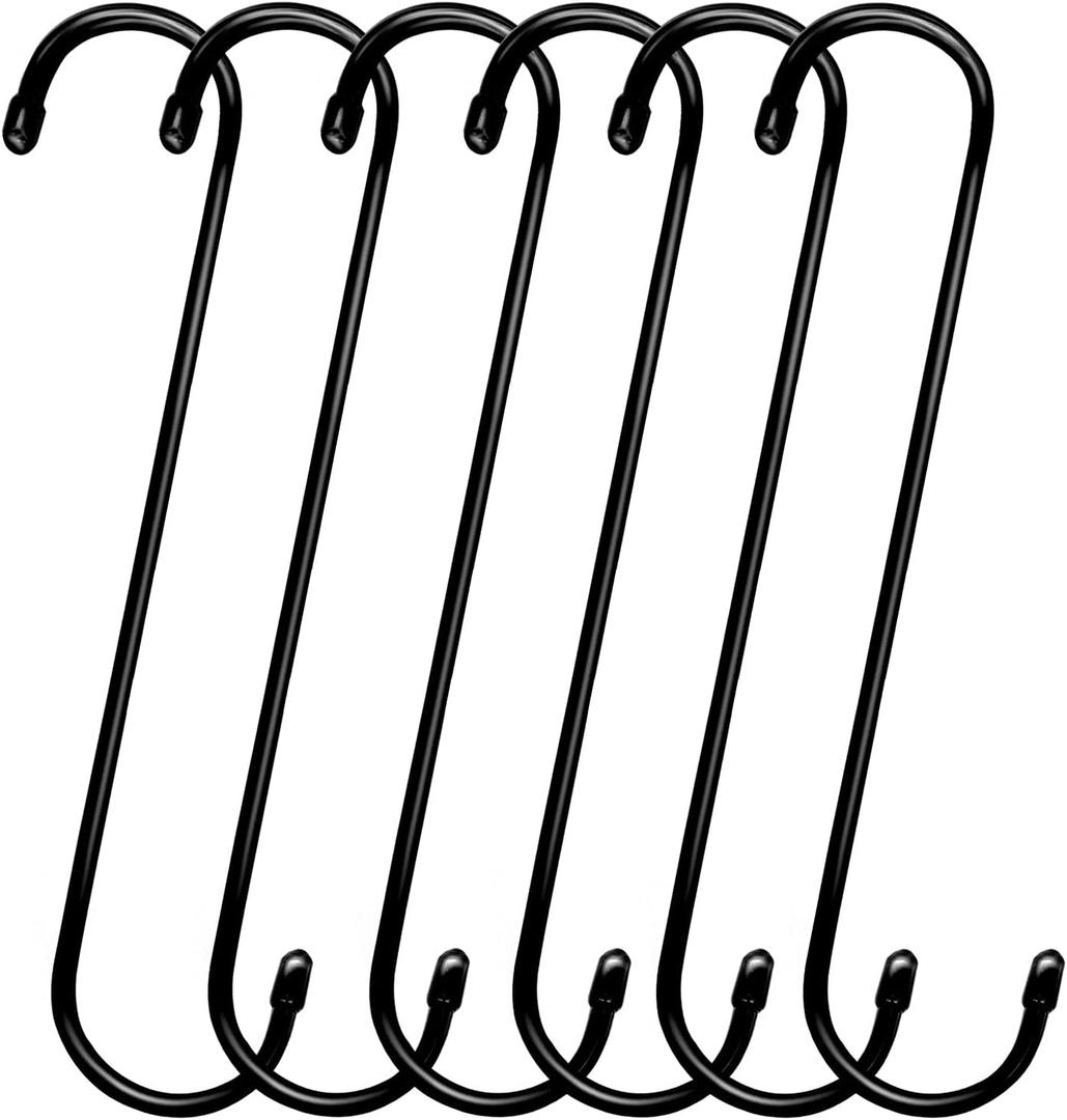 6 Pack 12 inch Extra Large S Hooks Black Heavy Duty Long S Hooks for Hanging Plant Extension Hooks for Kitchenware,Utensils,Pergola,Closet,Flower Basket,Garden,Patio,Indoor Outdoor Uses