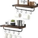 Mkono Mug Holder Wall Mounted Coffee Mug Rack Set of 2 Rustic Floating Shelf for Coffee Bar Accessories Wood Tea Cup Hooks Hanger for Organizing Cooking Utensils, Home Kitchen Decor, Brown