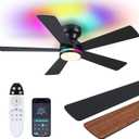 Brown RGB Ceiling Fans with Lights - 46" Flush Mount Ceiling Fan with Remote APP, RGB+3CCT Dimmable Led Light, Reversible 6 Wind Speeds&2H Timer, Low Profile Modern Fan Light Fixture for Bedroom Party