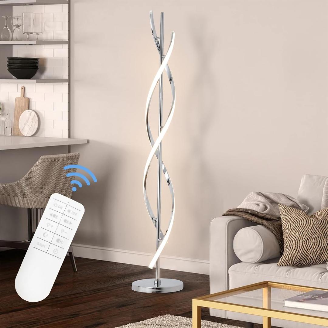 ADISUN 40W LED Modern Floor Lamp Remote Control Dimmable Spiral Floor Lamp Indoor Tall Lamp Floor Lamps for Living Rooms Family Rooms Bedrooms Offices Lighting (Silver)