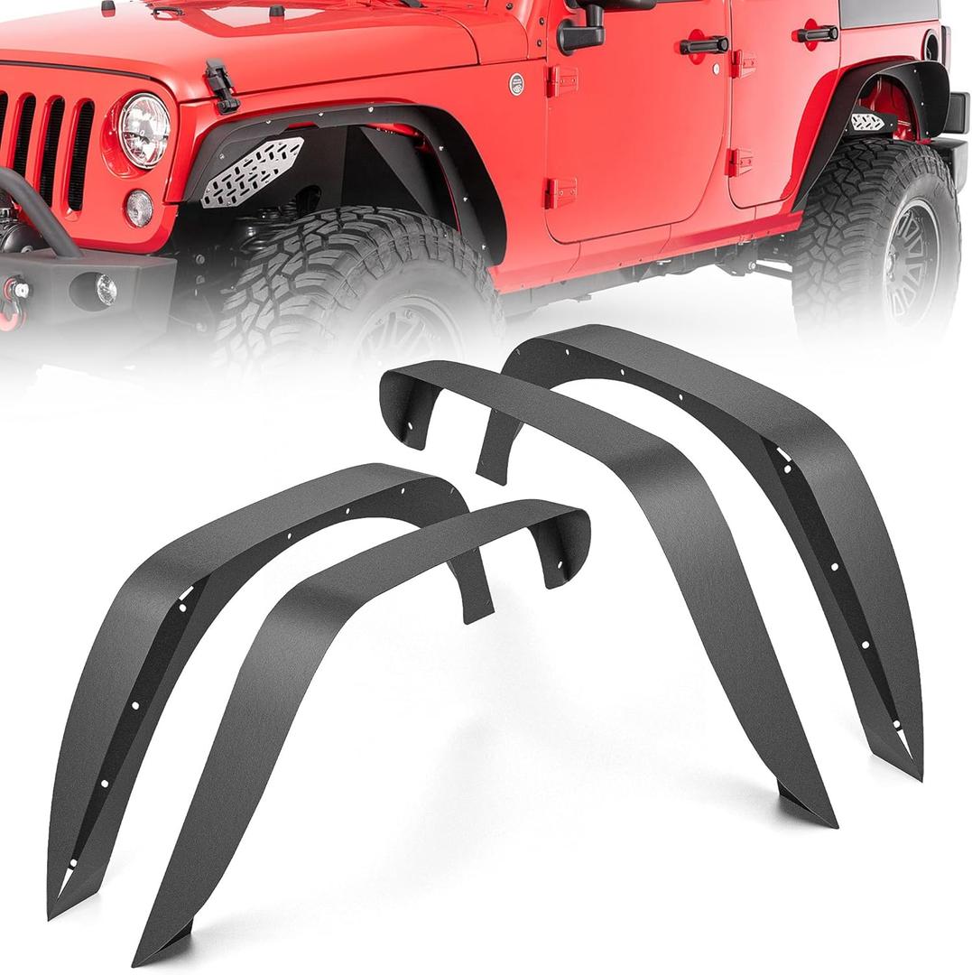 for JK 4-Piece Flat Style Front and Rear Fender Flares Kit Compatible with 2007-2018 Jeep Wrangler JK JKU Unlimited (2/4 Doors) Off-Road Heavy Duty Steel Wheel Fenders Combo, Textured Black