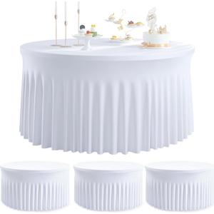 4Pack White Round Spandex Tablecloths for 60 inch Table, Stretchy Wrinkle Free 120inch Fitted 5FT Round Table Cloths Cover with Skirt for Wedding Birthday Party Dining Banquet Events