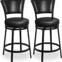 Bar Stools, Counter Height Barstools Set of 2, 25" Faux Leather Metal Round Swivel Bar Chairs with Back, Modern Upholstered Counter Stools for Kitchen Island, Black