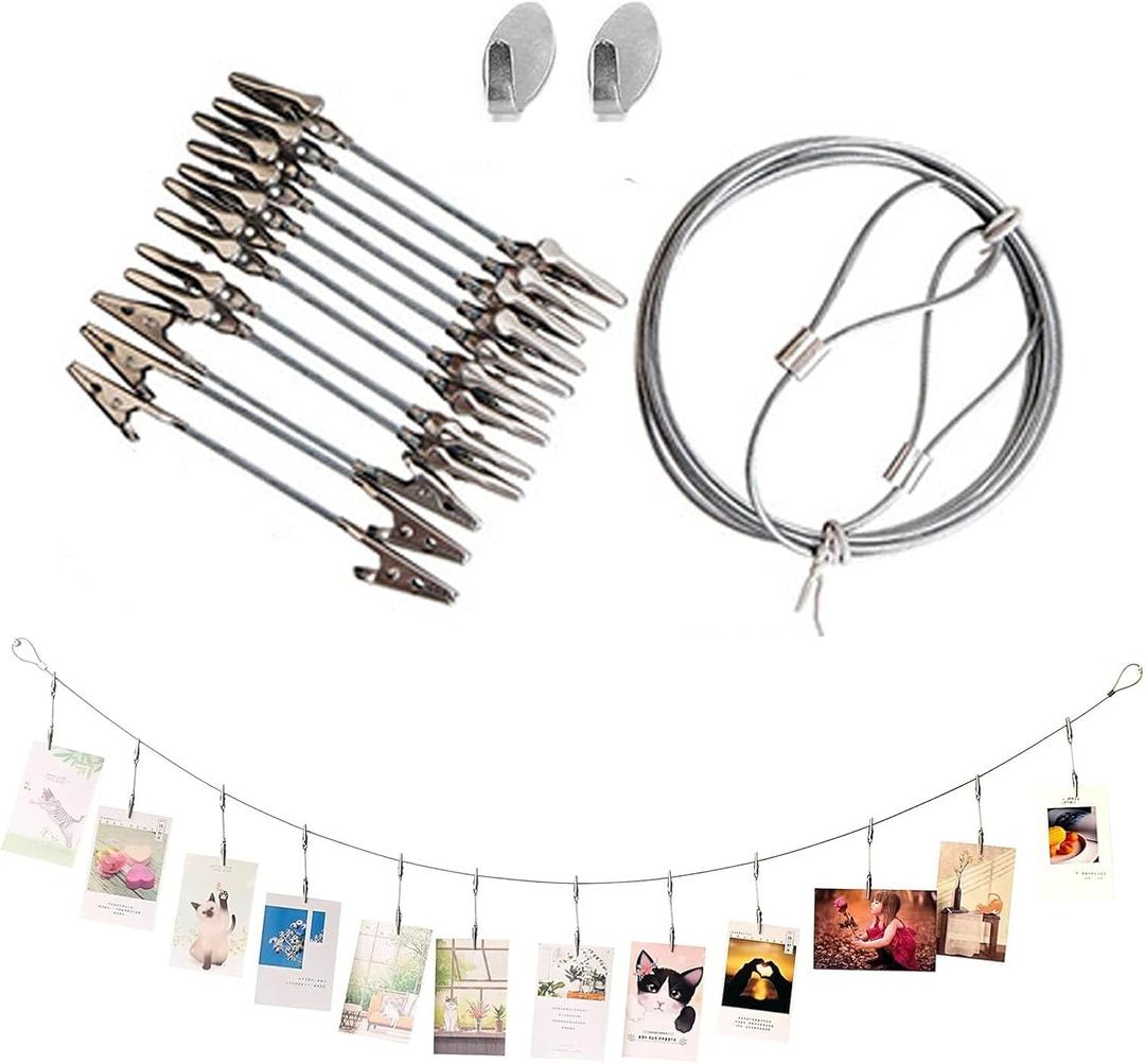 Photo Hanging Display with Clips, Wall Hanging Photo Display, DIY Picture Photo Frame String Photo Display Cable Wire Rod String with 12 Clips