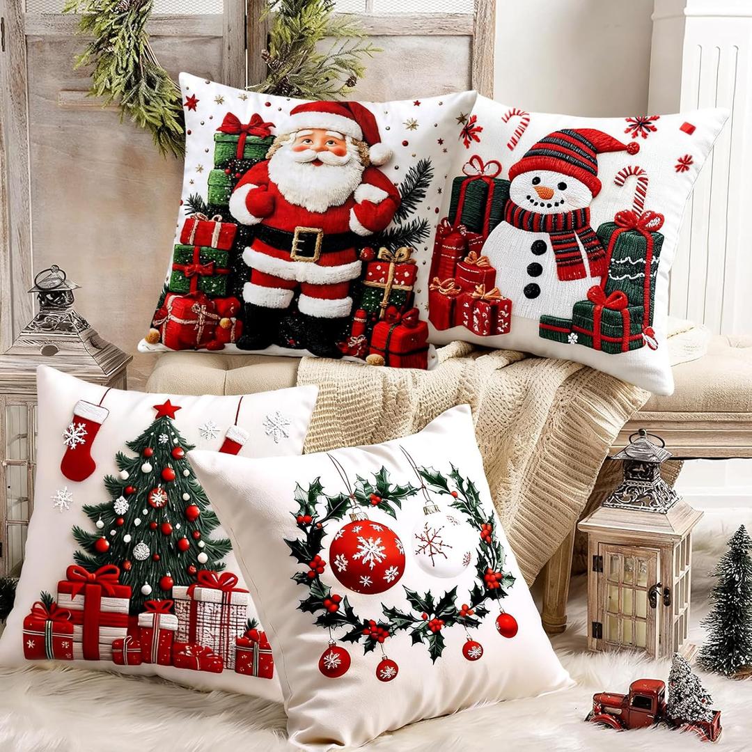 Christmas Throw Pillow Covers 18x18 Set of 4  Soft Plush Christmas Decorative Pillow Covers for Couch, Sofa & Living Room  Xmas Decor Pillows with Santa, Snowman, Tree & Wreath