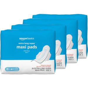 Amazon Basics Thick Maxi Pads with Flexi-Wings for Periods, Extra Long Length, Super Absorbency, Unscented, Size 3, 104 Count (4 Packs of 26)