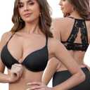 Front Closure Bras for Women Lace Racerback Sexy Plunge Lightly Padded Smooth T-shirt Underwire Push Up Bra (36D, Black)