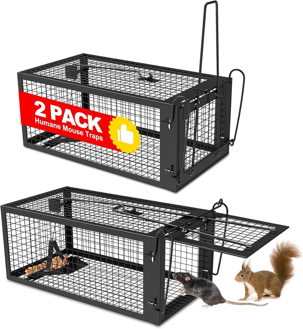 2 Packs Humane Rat Trap Outdoor Mouse Traps Indoor Use, Rodent Chipmunk Traps for Small Live Animal Catch and Release - Black