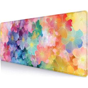 Colorful Flowers Large Mouse Pad Mat, Pink Blue Yellow and Green Pattern Desk Mat, Watercolor Beautiful Floral Desk Pads for Office, Non-Slip Laptop Computer Pad, 31.5x11.8 in