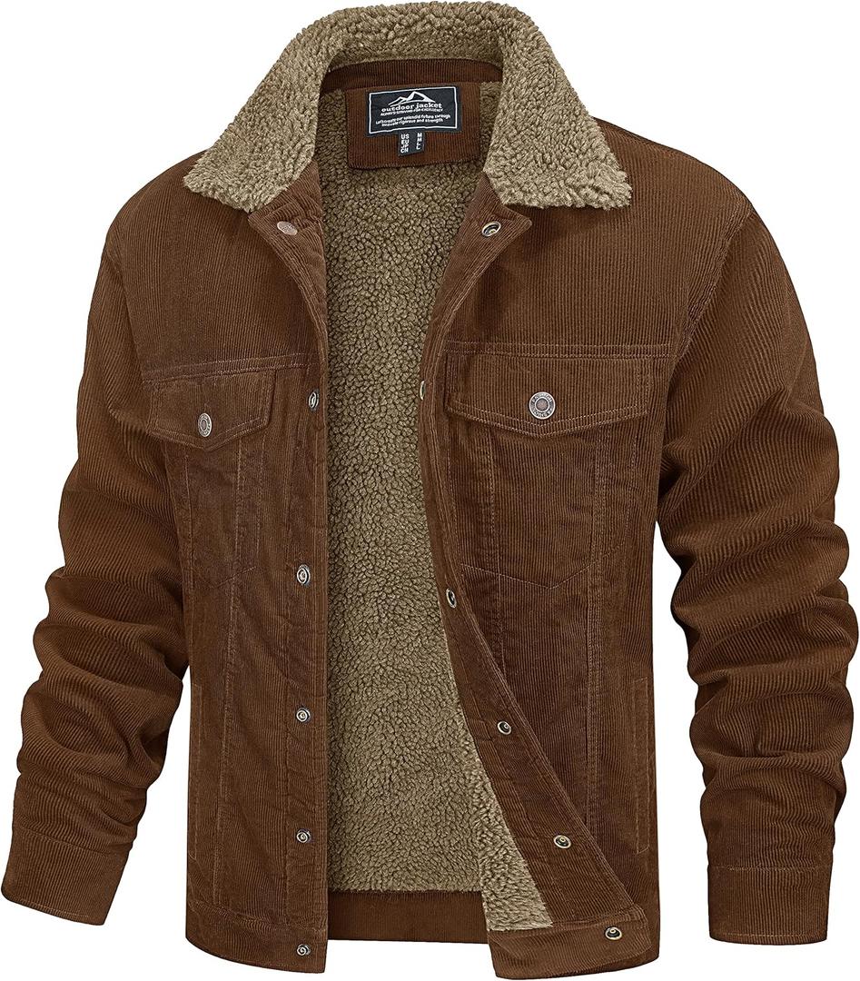 MAGCOMSEN Men's Corduroy Jacket Winter Sherpa Lined Warm Thick Trucker Cargo Coat with 5 Pockets (Large, Brown)