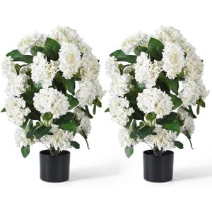 Faux Hydrangea Trees 30“ 2 Pack, Hydrangea Artificial Flower for Outdoor, UV Resistant Lifelike Potted Shrubs for Porch & Patio, Fake Plants for Wedding, Living Room Farmhouse (White)