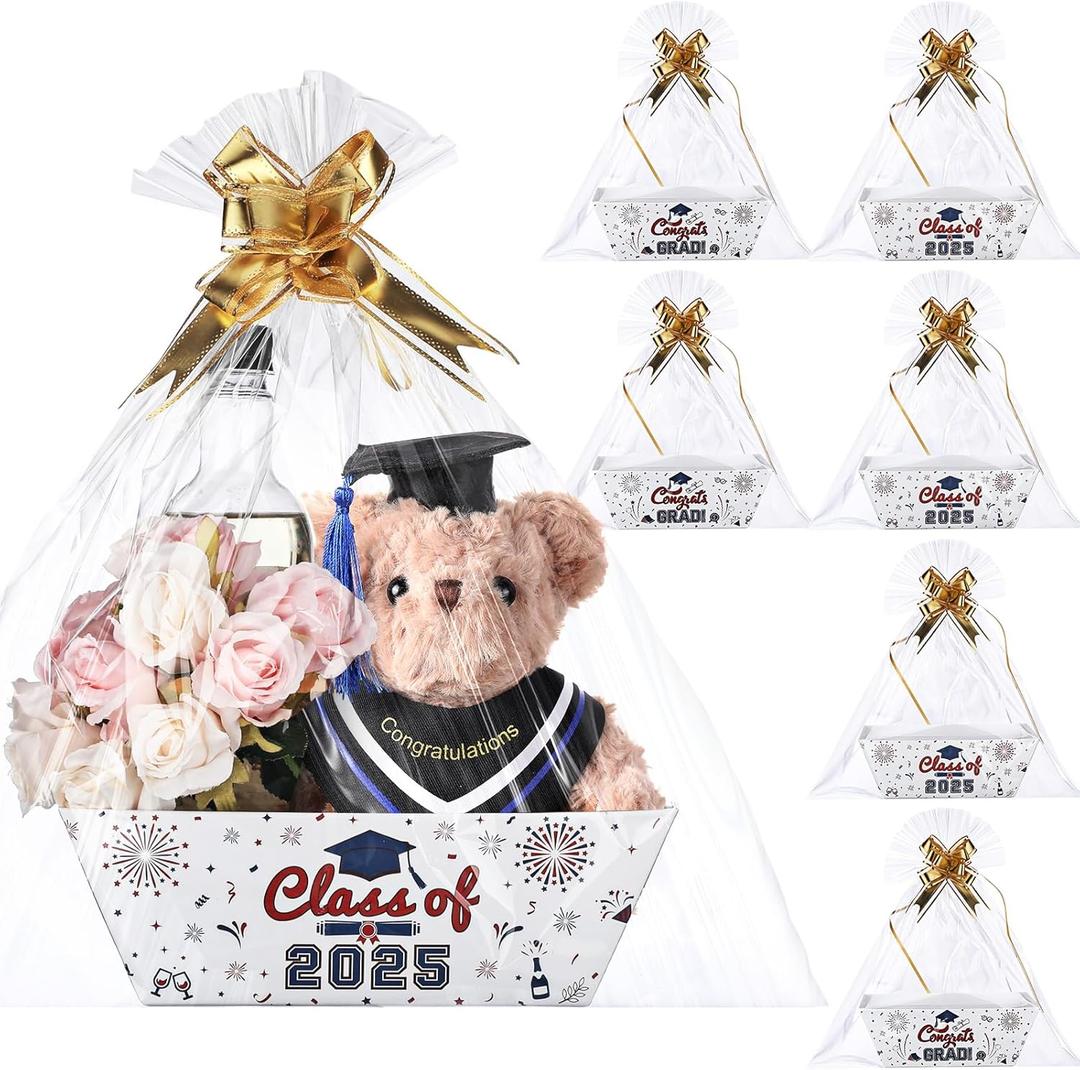 Baderke 6 Set Class of 2025 Graduation Gifts Baskets Includes 6 Empty Paper Gift Baskets 6 Clear Cellophane Bags and 10 Pull Bows for 2025 Graduation Birthday Party Decorations