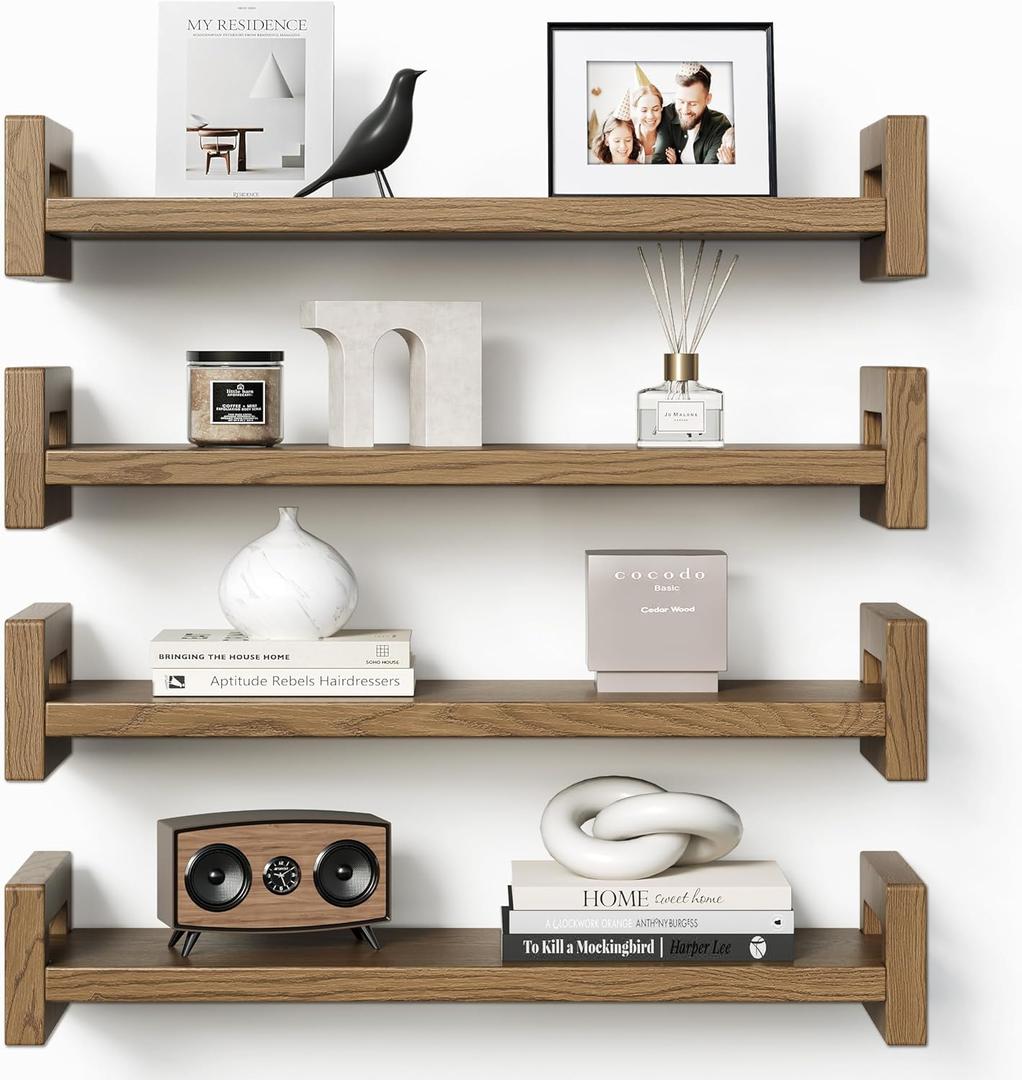 Vailando Floating Shelves for Wall, Set of 4 Solid Wood Wall Mounted Shelves, 16" Rustic Walnut Display Shelf with Reinforced Hardware for Bedroom, Living Room, Bathroom, and Kitchen Decor