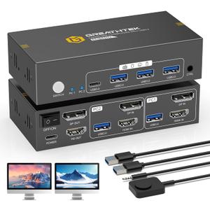 8K HDMI+Displayport KVM Switch 2 Monitors 2 Computers,8K@60HZ Dual Monitors KVM Switches for 2 PC/Laptops Share Mouse Keyboard and 2 Screens,3 USB3.0 Ports, Wired Controller Included, EDID Adapative
