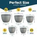 Gray Plant Pots with Drainage Holes & Saucers 15 Pack, Indoor & Outdoor Stackable Space-Saving Planters for Houseplants & Flowers, (7", 6.7", 6", 5.3", and 4.8" Inches), Durable & Weatherproof