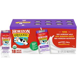 Horizon Organic Shelf Stable 1% Lowfat Vanilla Milk Boxes, Pack of 18 - 8g Protein per Serving (EXP 08/05/26)