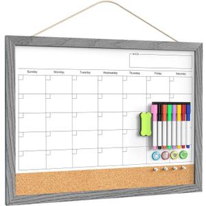 Calendar Whiteboard for Wall, 18x24 Inches Dry Erase Calendar Cork Board Combo, Magnetic Monthly White Board with Wood Framed, Hanging Dry Erase Board for Home Kitchen Office Planner Memo (Gray washed)