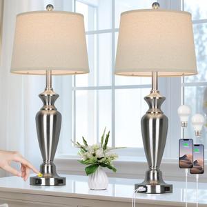 30" Tall Silver Table Lamps Set of 2 for Living Room, 3-Way Dimmable Touch Control Bedside Lamps for Bedroom Nightstand with USB A+C Ports & AC Outlet (2 LED Bulbs Included)