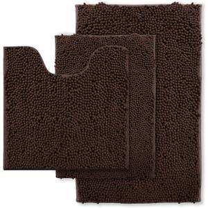 Bath Rug Set 3 Piece Luxury Chenille Extra Soft and Absorbent Shaggy Bathroom Mat Rugs, Machine Washable, Non-Slip Plush Carpet Runner for Tub, Shower, (Brown) Home Decor Bathroom Accessories