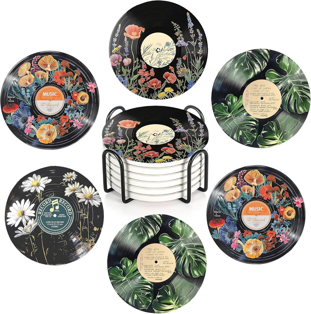 Vintage Vinyl Record Botanical Aesthetic Ceramic Coasters Set of 6, Round Absorbent Drink Coaster, with Metal Holder & Cork Base, Coasters for Coffee Table Kitchen Office Home Decor or Gifts