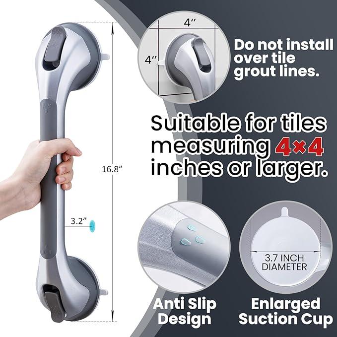 TAILI Shower Grab Bar 16 Inch Suction Cup Grab Bars for Bathroom, Removable Shower Safety Handle Heavy Duty Bathtub Grip for Seniors & Elderly, Strong Handrails No Drilling Waterproof, Gray