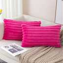 ZLINA Set of 2 Cream White Faux Fur Decorative Throw Pillow Covers Fluffy Striped Pillowcase Cushion Covers 12 x 20 Inch Decor Sofa Couch Bedroom , Hot Pink