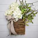 Cream Hydrangea Door Hanger Basket Wreath, Farmhouse Wreath with Wildflowers, Artificial Spring Summer Garland for Front Door, Seasonal Holiday Ornament (D)
